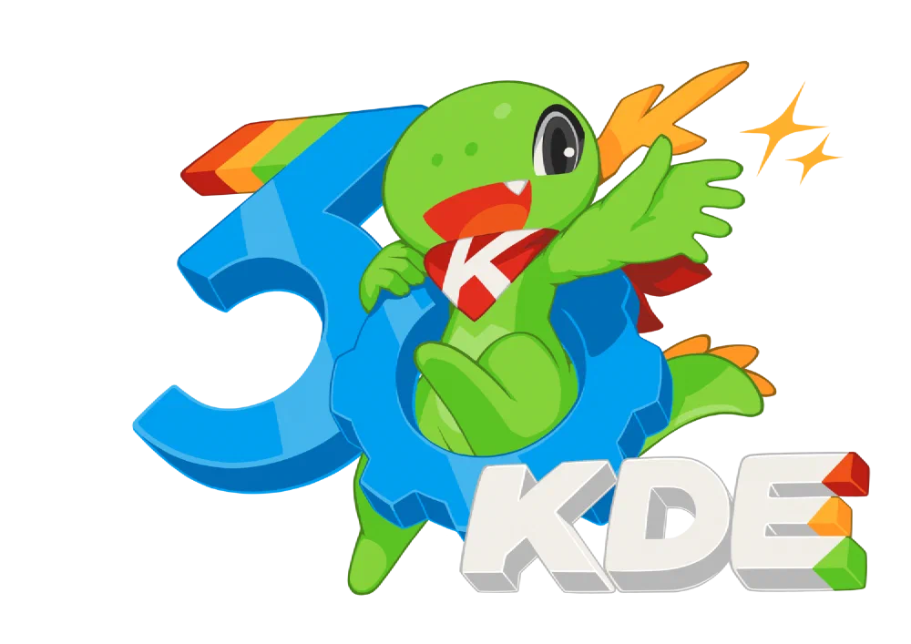 Konqi, the KDE dragon mascot, celebrating KDE's 30th anniversary